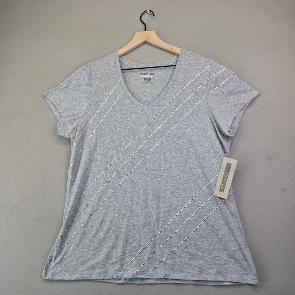 Kenneth Cole Reaction Womens XXL Gray Silver Studded V Neck Tee Shirt Top NWT